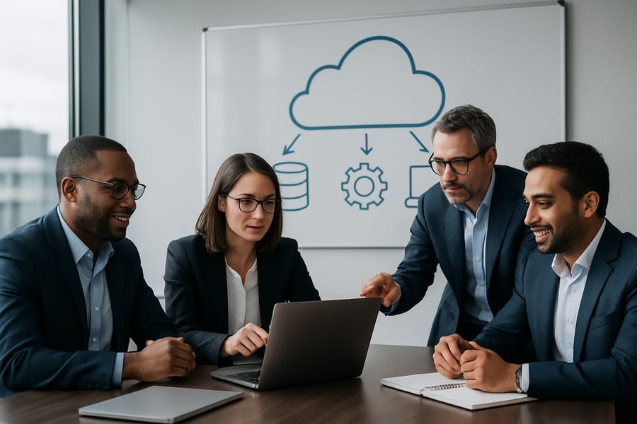 Professional IT consultants collaborating on cloud solutions Professional IT consultants collaborating on cloud solutions