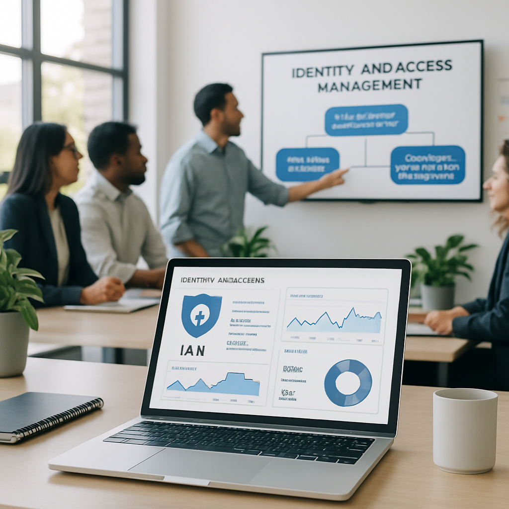 Identity and Access Management security concept with laptop displaying IAM dashboard